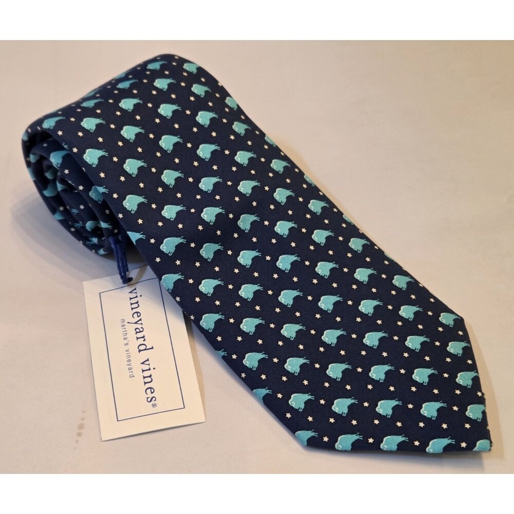NWT Vineyard Vines Bison Buffalo Silk Tie Navy Blue Aqua Mens Neck Tie 58”